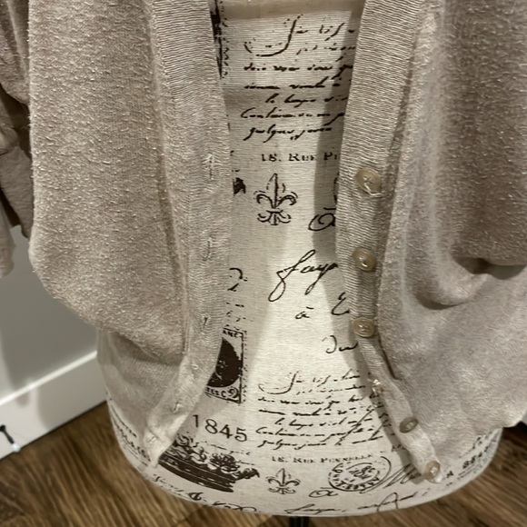 Ambiance plus size 2X light tan cardigan. Deep V 6 button with elbow sleeve. - Picture 3 of 6